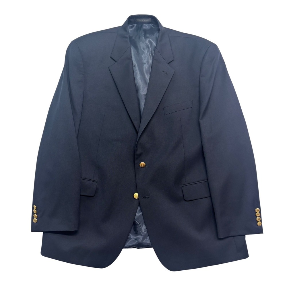 Chaps 46R Navy Blue Gold Buttons Blazer Jacket Sport Coat 100% Wool Mens Classic